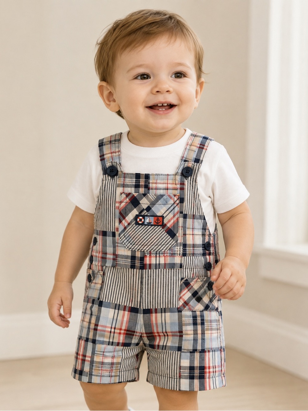 Little Me Baby Boy Patchwork Plaid Shortfal Romper 18 Months